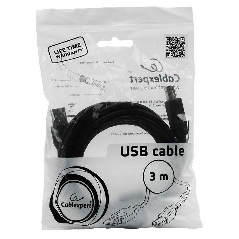 Кабель USB A 2.0 - USB B, М/М, 3 м, фер, Cablexpert, чер, CCF-USB2-AMBM-10
