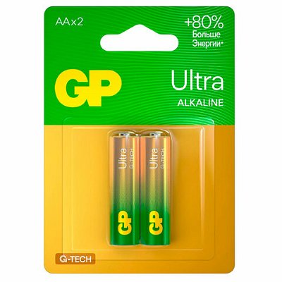 Батарейки КОМПЛЕКТ 2 шт., GP Ultra G-Tech, AA (LR6.15А), алкалиновые, пальчиковые