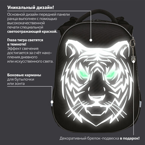 Ранец BRAUBERG SHINY, 2 отделения, «Tiger», СВЕТЯЩИЙСЯ РИСУНОК, 36×28х14 см