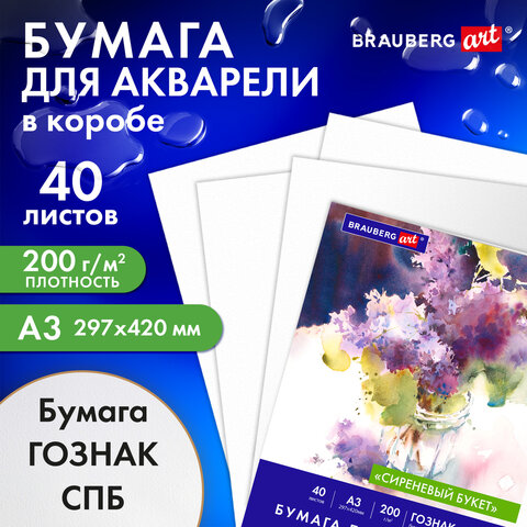 Бумага для акварели А3 40 л., 200 г/м2 ГОЗНАК СПб, в коробке, BRAUBERG ART CLASSIC, «СИРЕНЕВЫЙ БУКЕТ»