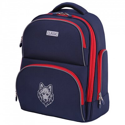 Рюкзак BRAUBERG CLASSIC, легкий каркас, премиум материал, «Wild wolf», синий, 37×32х21 см