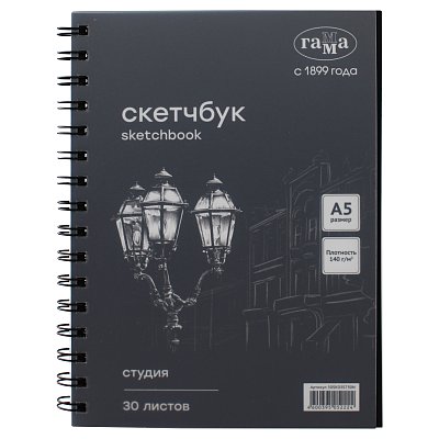 Альбом для графики, 30л., А5, на спирали Гамма «Студия», черный, 140г/м3