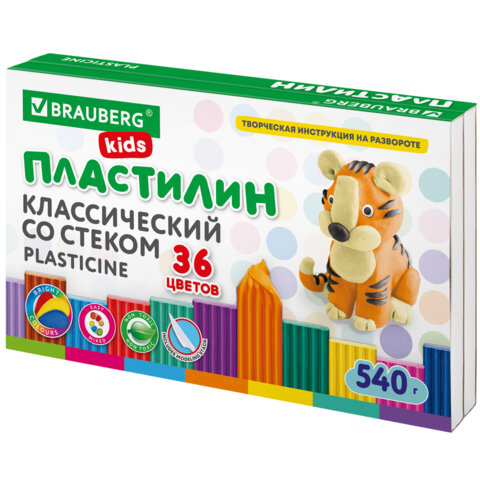 превью Пластилин классический BRAUBERG KIDS, 36 цветов, 540 г, стек, ВЫСШЕЕ КАЧЕСТВО
