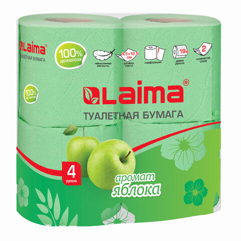 Бумага туалетная бытовая, спайка 4 шт., 2-х слойная (4×19 м), ЛАЙМА, аромат яблока