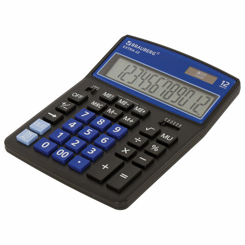 Калькулятор настольный BRAUBERG EXTRA-12-BKBU (206×155 мм), 12 разрядов, двойное питание, ЧЕРНО-СИНИЙ