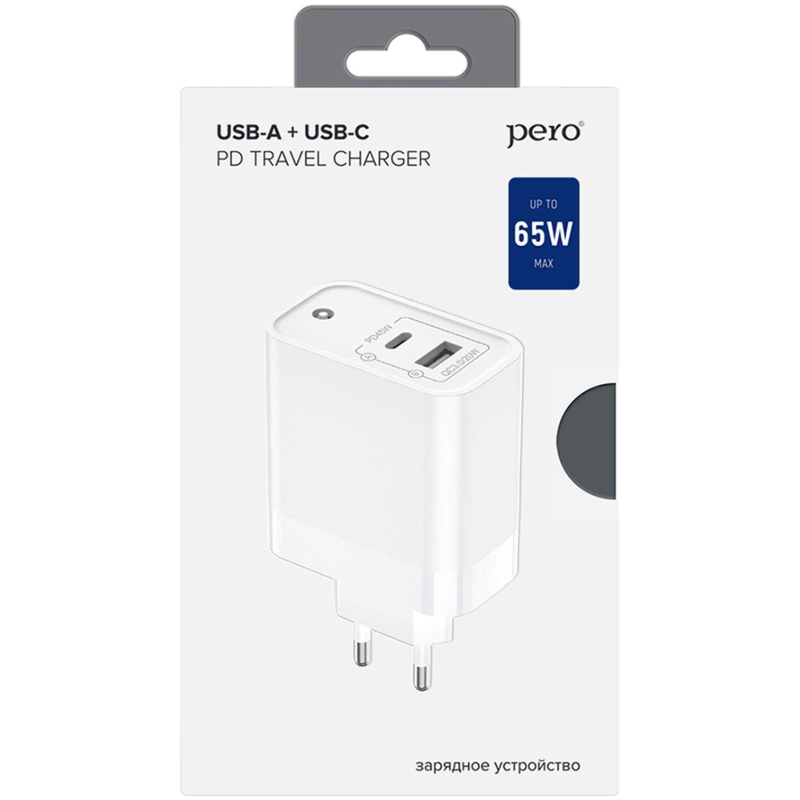Зарядное устройство сетевое PERO TC15 USB-A QC3.0 + USB-C PD, 65W белый