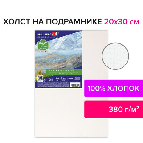 Холст на подрамнике 20×30 см, 380 г/м2, грунтованный, 100% хлопок, BRAUBERG ART