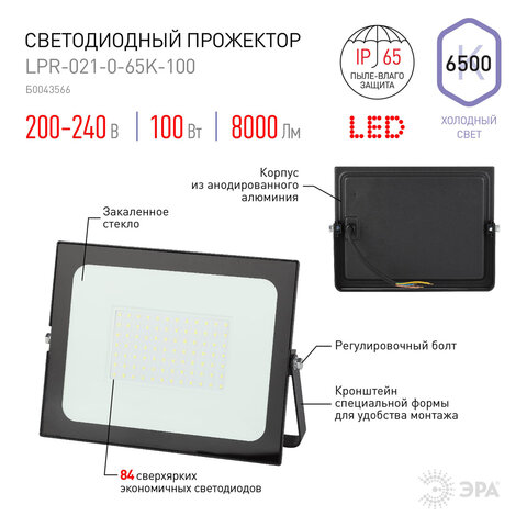 Прожектор светодиодный ЭРА, 100Вт, 6500К, 8000Лм, класс защиты IP65, черный, LPR-023-0-65K-100