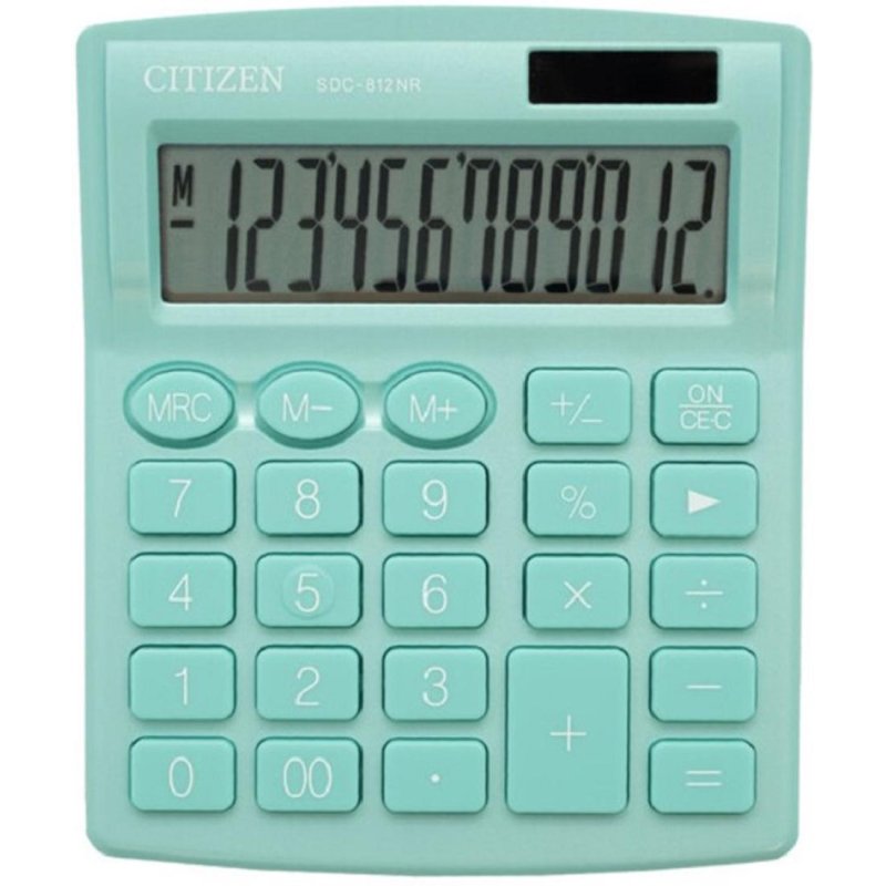 Калькулятор настольный CITIZEN SDC-812NRGNE, КОМПАКТНЫЙ (124×102 мм), 12 разрядов, двойное питание, БИРЮЗОВЫЙ