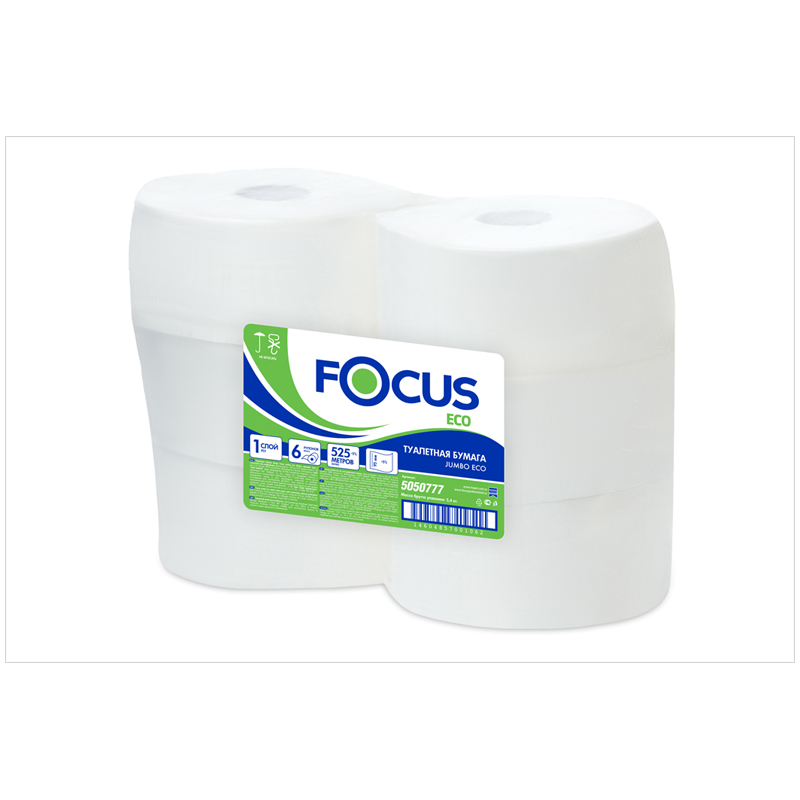Бумага туалетная Focus Eco Jumbo, 1 слойн, 525 м/рул, тиснение, белая