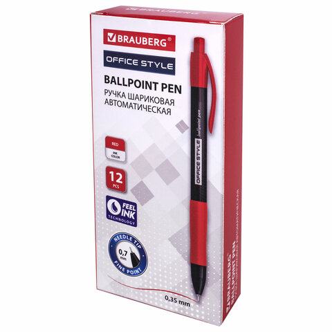 Ручка шариковая автоматическая с грипом BRAUBERG OFFICE STYLE, КРАСНАЯ, узел 0.7 мм, линия 0.35 мм, тонированный корпус