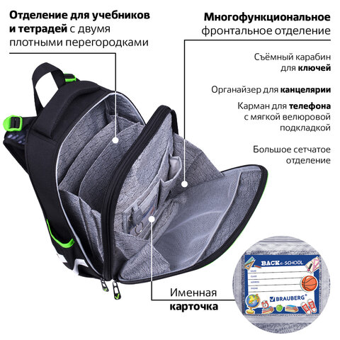 Ранец BRAUBERG PREMIUM, 2 отделения, с брелком, «Gunsight», 38×29х16 см