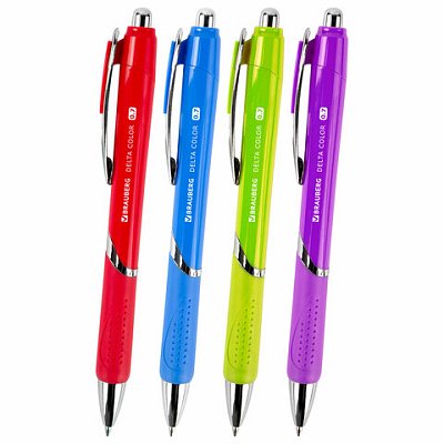 Ручка шариковая автоматическая с грипом BRAUBERG DELTA COLOR, СИНЯЯ, ассорти, узел 0.7 мм, линия письма 0.35 мм
