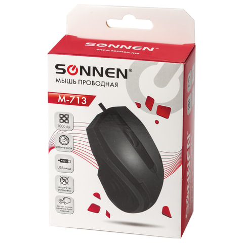 Мышь проводная SONNEN М-713, USB, 1000 dpi, 2 кнопки + колесо-кнопка, оптическая, черная