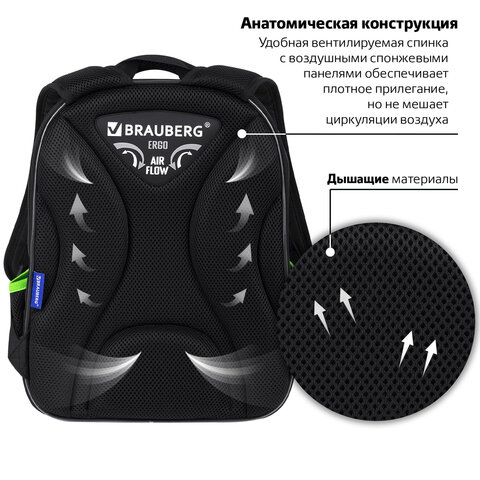 Ранец BRAUBERG QUADRO, 3 отделения, с брелком, «Tyrannosaur», светящийся рисунок, 37×28х18 см