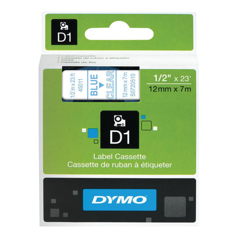 превью Картридж для принтеров этикеток DYMO D1, 12 мм х 7 м, лента пластиковая, голубой шрифт, прозрачный фон