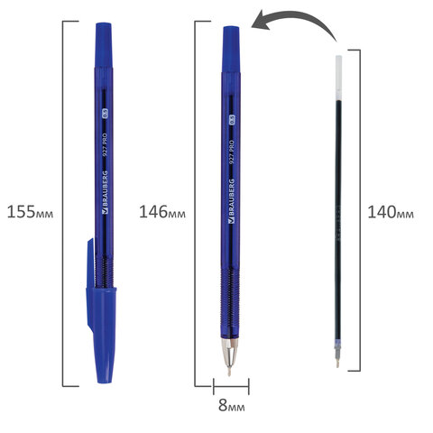 Ручки шариковые BRAUBERG 927 PRO «WRITING 3.0», КОМПЛЕКТ 12 ШТ., СИНИЕ, пишущий узел 0.5 мм, линия письма 0.25 мм