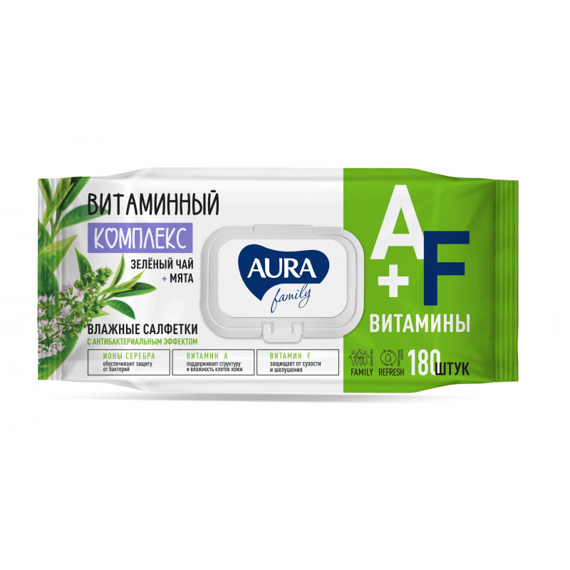  салфетки антибактериальные Aura Family 180 штук в упаковке арт .