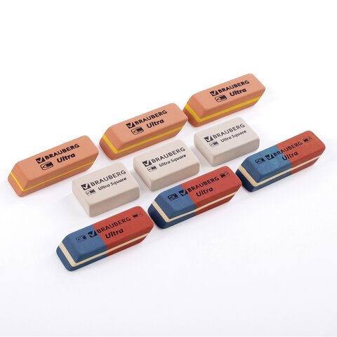 Ластики BRAUBERG «Ultra Mix» 9 шт., размер ластика 41×14х8 мм/29×18х8 мм, натуральный каучук