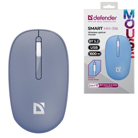 Мышь беспроводная DEFENDER Smart MM-396, 1600 dpi, 2 кнопки + 1 колесо-кнопка, оптическая, синяя