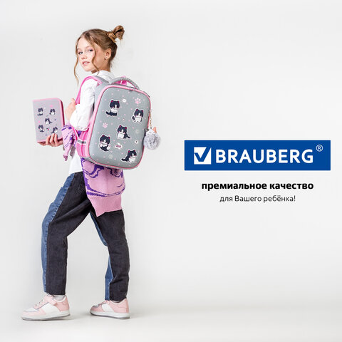 Ранец BRAUBERG LIGHT, 1 отделение, с брелоком, «Cat patches», плюшевые нашивки, 36×26х13 см