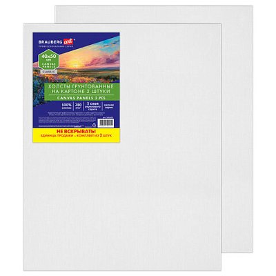 Холсты на картоне НАБОР 2 штуки (40×50 см), хлопок, грунт, 280 г/м2, BRAUBERG ART CLASSIC