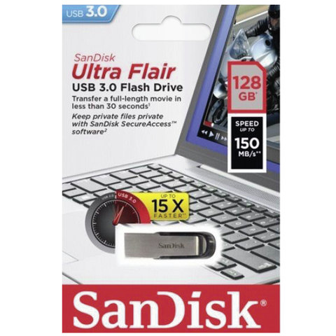 Флэш-диск 128 GB, SANDISK Ultra Flair, USB 3.0, металлический корпус, серебристый