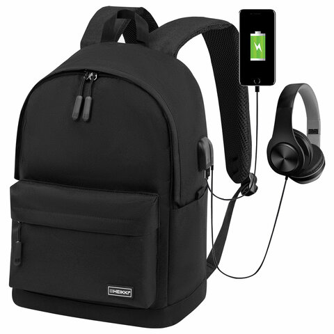 превью Рюкзак HEIKKI ACTIVE (ХЕЙКИ) универсальный, отделение для ноутбука, USB-порт, черный, 44×31х14 см