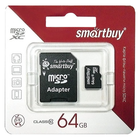 Карта памяти micro SDXC, 64 GB, SMARTBUY, 10 Мб/сек. (class 10), с адаптером