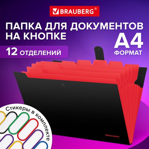 превью Папка-органайзер на кнопке 12 отделений, BRAUBERG «Extra», А4, черная с красным