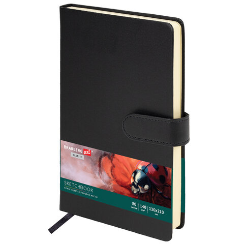 превью Скетчбук, слоновая кость 140 г/м2 130×210 мм, 80 л., КОЖЗАМ, застежка, BRAUBERG ART CLASSIC, черный