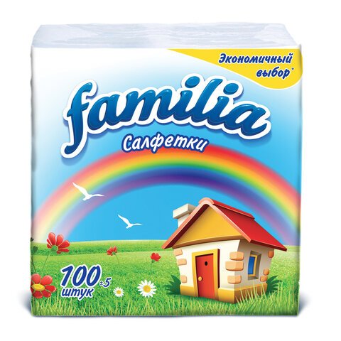 превью Салфетки бумажные 100 шт., 24×23 см, FAMILIA, белые, 100% целлюлоза