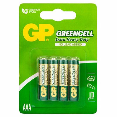 Батарейки КОМПЛЕКТ 4 шт., GP GreenCell AAA (R03, 24G), солевые, мизинчиковые, блистер