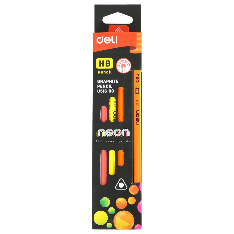 Карандаш чернографитный Deli Neon HB с ластиком заточенный трехгранный
