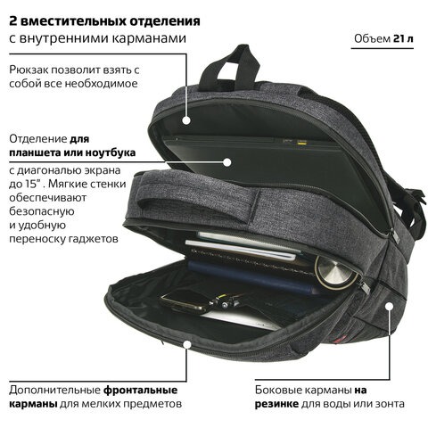 Рюкзак BRAUBERG URBAN универсальныйс отд. для ноутбукаHoustonтемно-серый45×31х15 см229895
