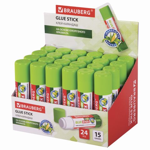 Клей-карандаш на натуральной основе BRAUBERG GREEN, 15 г