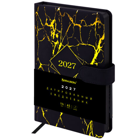 превью Ежедневник датированный 2027, А5, 138×213 мм, BRAUBERG «Goldy», под кожу, магнитная застежка, цветной срез, черный