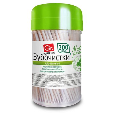 Зубочистки деревянные КОМПЛЕКТ 200 шт., в диспенсере, GRIFON