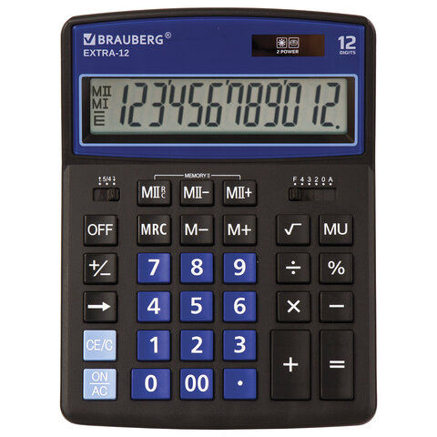 превью Калькулятор настольный BRAUBERG EXTRA-12-BKBU (206×155 мм), 12 разрядов, двойное питание, ЧЕРНО-СИНИЙ