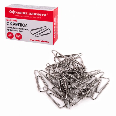 Скрепки ОФИСНАЯ ПЛАНЕТА 25 мм никелированные, треугол., 100 шт., в карт. коробке
