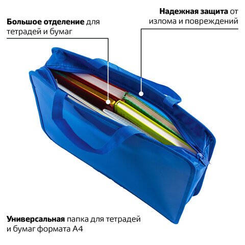 Папка на молнии с ручками ПИФАГОР, А4, пластик, молния вокруг, однотонная синяя