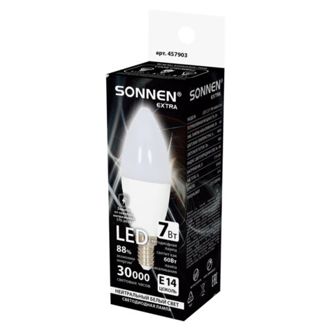 Лампа светодиодная SONNEN EXTRA, 7 (60) Вт, Е14, свеча, нейтральный белый, 30000 ч, LED C37-7W-4000-Е14