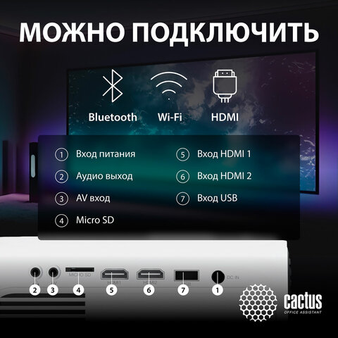 Проектор CACTUS CS-PRM.07WT. WUXGA, LCD, 1920×1080, 16:9, 3200 лм, 1500:1, 1.16 кг