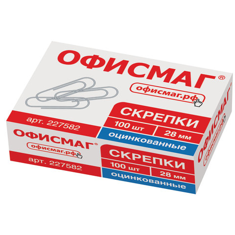 превью Скрепки ОФИСМАГ, 28 мм, оцинкованные, 100 шт., в картонной коробке