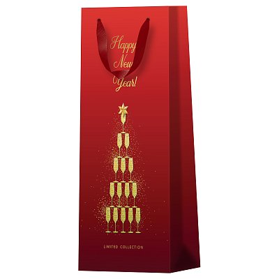 Пакет подарочный 12×36×8.5см MESHU «New Year», матовое ламинирование, отд. фольгой, под бутылку