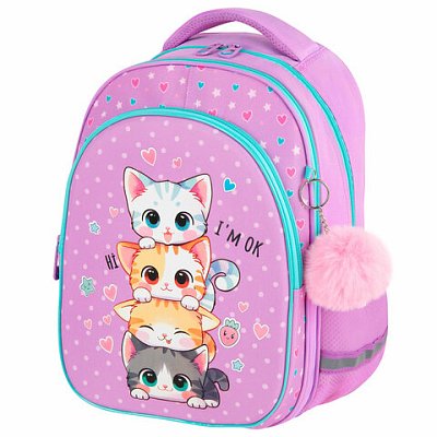 Рюкзак BRAUBERG OPTIMA, 2 отделения, с брелоком, «Funny kittens», 36×27х18 см