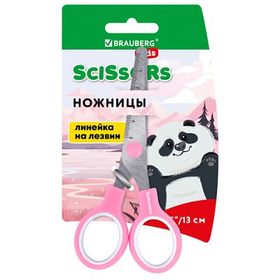 Ножницы BRAUBERG KIDS 130 мм, ручки розовые, закругленные лезвия с линейкой
