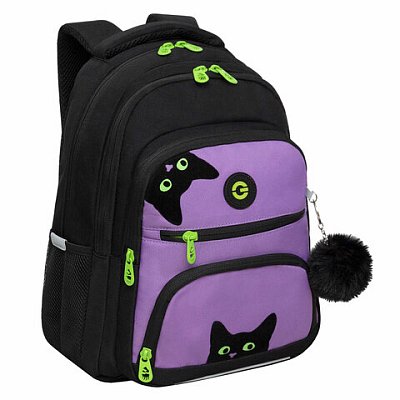 Рюкзак GRIZZLY школьный, укрепленная спинка, 3 отделения, для девочек, KITTENS, фиолетовый, 39×30х20 см