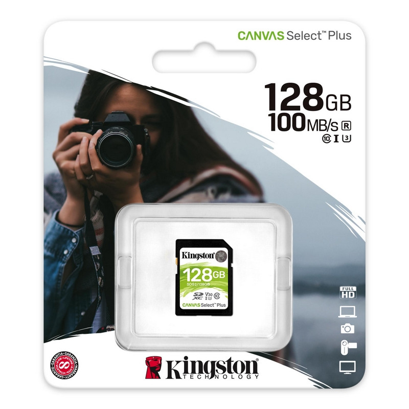 Карта памяти SDXC 128 GB KINGSTON Canvas Select Plus UHS-I U1, 100 Мб/сек (class 10), SDS2/128GB