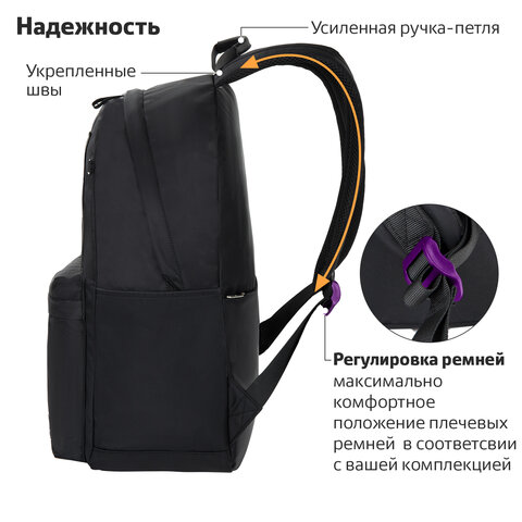 Рюкзак BRAUBERG FASHION CITY универсальный, потайной карман, «Moon», черный, 44×31х16 см